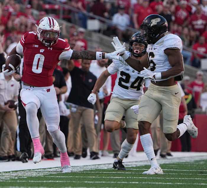 Wisconsin running back Braelon Allen (0) picks up 29 yards on a reception during the fourth quarter of their game at Camp Randall Stadium Saturday, October 22, 2022 in Madison, Wis. Wisconsin beat Purdue 35-24. Uwgrid22 25